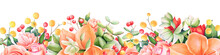 Background With Watercolor Summer Flowers And Berries. Useful For Design Of Banners, Cards, Greetings And Invitations.