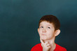 © ulkas - Smart boy in red t-shirt with thinking near chalkboard.