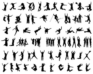 Silhouettes of people jumping on a white background