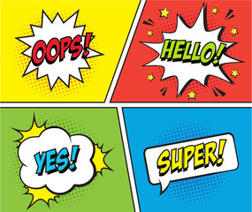 Wall Mural - retro comic speech bubbles set on colorful background. expression text yes, hello, oops, super. vect