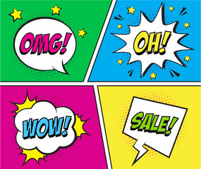 Wall Mural - retro comic speech bubbles set on colorful background. expression text omg, oh, wow, sale. vector il