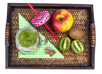 Wall Mural - Apple, kiwi, fruit smoothie on wooden tray - healthy and healthy food