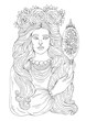 Vector hand drawn portrait of a young Russian girl. A young girl with a wreath of roses with long hair looks in a vintage mirror. Pattern Coloring Page
A 4 size
