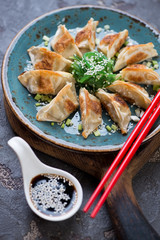 Poster - Fried gyoza dumplings with chuka salad and soy sauce, selective focus, vertical shot, close-up