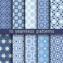 10 Blue Vintage Patterns For Universal Background. Can Be Used For Textile, Website Background, Book Cover, Packaging.