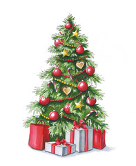 sketch markers christmas tree with gifts. sketch done in alcohol markers.