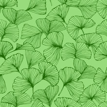 Seamless Pattern With Ginkgo Biloba Leaves, Textured Hand Drawn Outline Leaf Veins