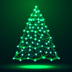 Christmas image of a Christmas tree in a starry sky, space, consisting of lines, dots and shapes in the form of stars and planets. Vector EPS10.