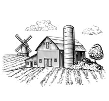 Rural Landscape, Farm Barn And Windmill Sketch. Hand Draw Illustration Of Countryside Natural Scenic. Agricultural Farmhouse And Field. Vector Monochrome Outline Image