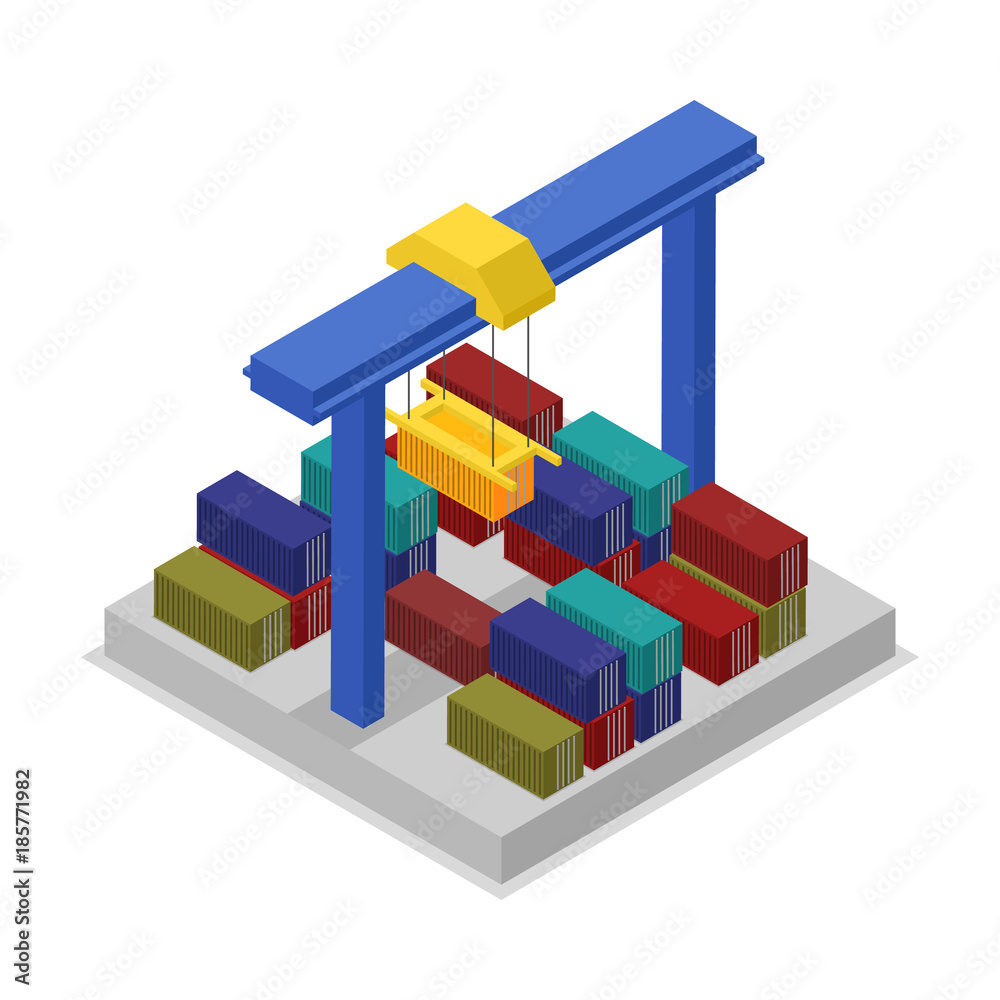 Global shipping icon with crane and cargo containers isometric 3D icon ...