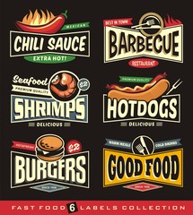 Wall Mural - Chili, barbecue, shrimps, hot dogs, burgers and food signs, logo designs and banners. Diner promotional graphics.