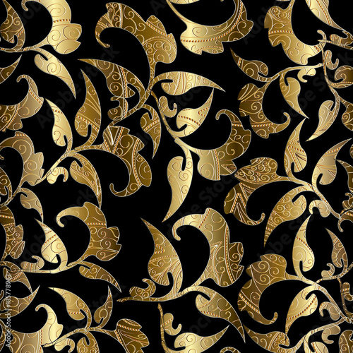 Floral black gold vector seamless pattern. Foliage baroque background ...
