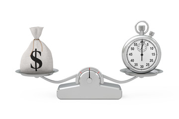 Poster - Tied Rustic Canvas Linen Money Sack or Money Bag and Dollar Sign with Stopwatch Balancing on a Simple Weighting Scale. 3d Rendering