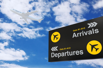 Poster - Airport Departure & Arrival information Board with White Jet Passenger's Airplane. 3d Rendering