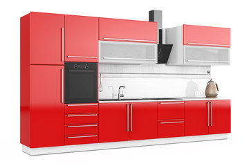 Aufkleber - Modern Red Kitchen Furniture with Kitchenware. 3d Rendering