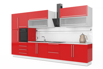 Aufkleber - Modern Red Kitchen Furniture with Kitchenware. 3d Rendering