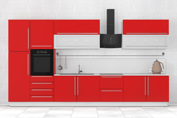 Aufkleber - Modern Red Kitchen Furniture with Kitchenware. 3d Rendering