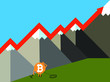 Bitcoin crypto currency growing concept vector illustration. Bitcoin caracter with pick axe an mountains. Increase graph in the air. 