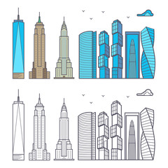 Wall Mural - Linear and colorful city skyscrapers isolated on white background