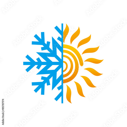 Hot and cold symbol. Sun and snowflake all season concept logo. vector
