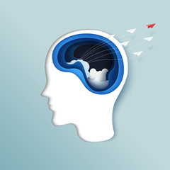 Aufkleber - Thinking of freedom or business concept.Paper carve of brain with paper airplanes flying from human head paper art style.Vector illustration.