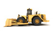 Powerfull concept. Massive yellow hydraulic earth mover isolated on white. Right to left direction. 3D illustration. Wide angle. Side view