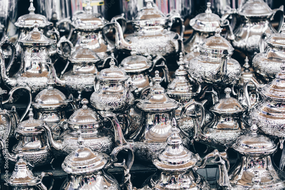 Moroccan teapots on sale, Marrakech Medina, Morocco