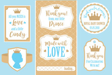 Set Of Vector Vintage Frames. Templates Gift Tags For Royal Party( Wedding, Baby Shower, Birthday) Candy Wrappers, Stickers, Labels For Little Prince Sweet Table. Golden Crown And Blue