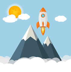 Wall Mural - Rakete fliegt ins Weltall mit Bergen, Wolken und Sonne Flat Design Icon