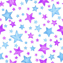 Hand Painted Watercolor Blue And Purple Stars. Seamless Pattern Background