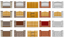 Set Icons Fence Made From Wooden Stone Brick Vector Illustration
