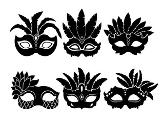 Sticker - Monochrome black illustrations of carnival masks isolated on white background