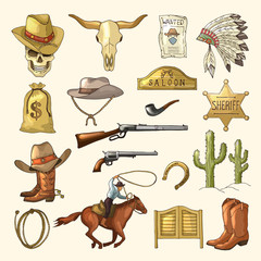 Wall Mural - colored illustrations of wild west symbols. western vintage pictures isolated