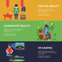 Poster - Horizontal banners of funny people which plays in vr helmet. Video games