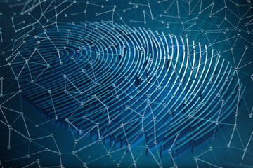 Poster - Fingerprint Scanning Identification System. Fingerprint scan provides security access with biometrics identification. 3D Rendering