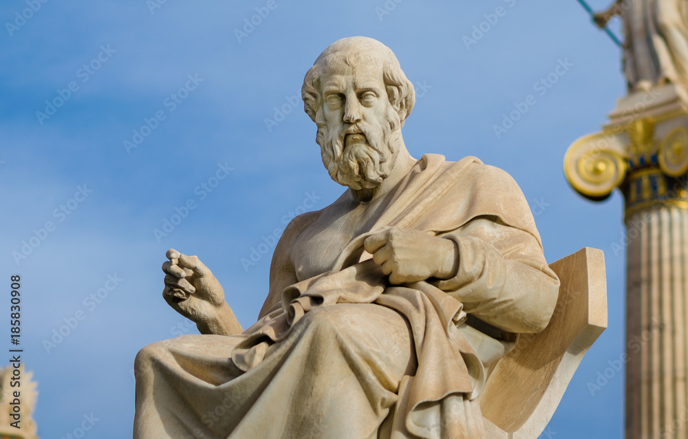 Statue of the great philosopher of ancient Greece Plato, on the background of a marble column. - obrazy, fototapety, plakaty 