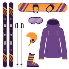 Skiing and snowboarding equipment, set. Skis, ski poles, snowboard, helmet, glasses, boots, jacket. Winter equipment icons. Vector illustration in flat style.