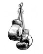 Hanging boxing gloves. Retro styled ink illustration