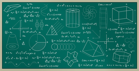 Blackboard with geometric figures and numbering formulas.