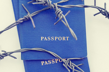 Wall Mural - Blue Passport behind barbed wire on a white background