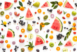 Fototapeta Tulipany - Various vegetables and fruits isolated on white background, top view, flat layout. Concept of healthy eating, food background. 