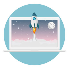 Wall Mural - Launch Laptop mit Rakete Flat Design Icon
