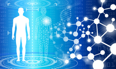 abstract background technology concept in blue light,brain and human body heal ,technology modern medical science in future and global international medical with tests analysis clone DNA human