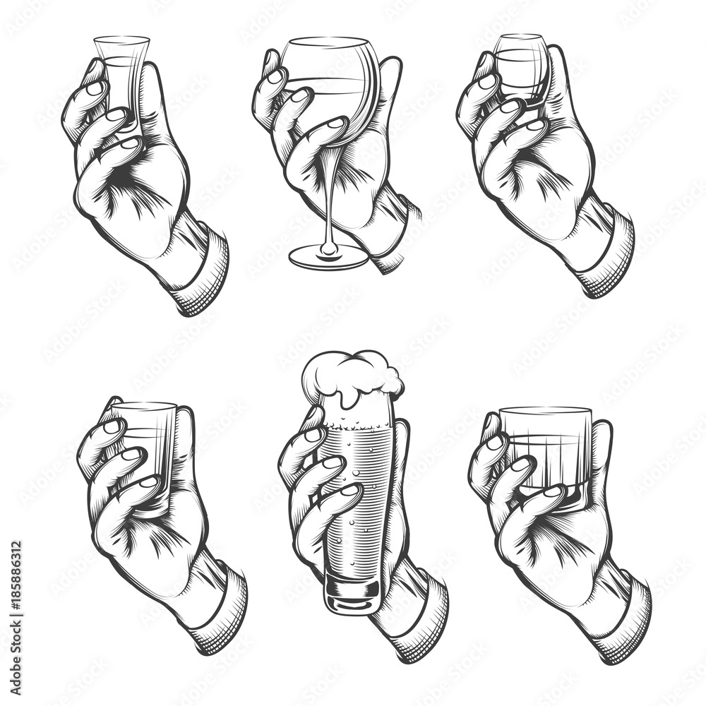 Hand holding drink vintage. Retro hand drawn hands with sketch alcohol shot  and beer, wine and brandy glass isolated on white background Stock Vector |  Adobe Stock