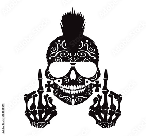 Fotografie, Obraz Punk skull with Mohawk, sunglasses and middle finger black and white