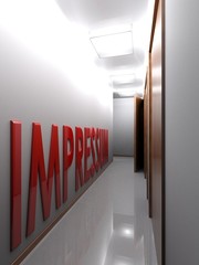 Poster - Corridor with doors and Impressum write - 3D rendering