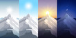 Nature mountain set. A midday sun, dawn, sunset, night in the mountains. Landscapes with peak. Mountaineering, traveling, outdoor recreation concept. Abstract vector backgrounds for web, prints etc.