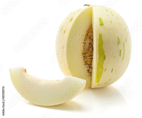 Fotomural Sliced melon (Piel de Sapo, Honeydew) isolated on white background one cut open with separated slice