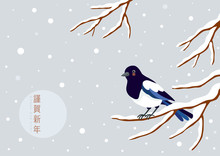 Magpie Perching On A Winter Branch.Korean Traditional Happy New Year Day.