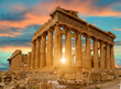 parthenon athens greece sun beams and sunset colors